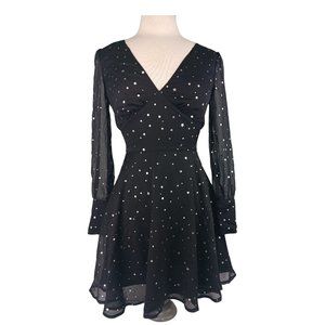 BB Dakota Dress Black Silver  Stars  SZ 0 Short Skater style Flare Long Sleeves